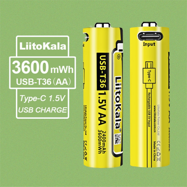 Акумулятор AA 2400 mAh/3600 mWh, 1.5V Li-ion, вбуд зарядне USB (Type-C), LiitoKala