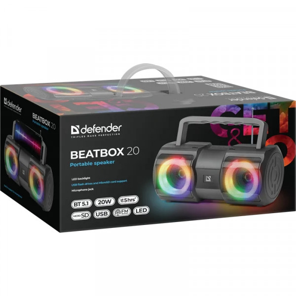 Акустична система Defender 1.0 Beatbox 20Вт, Light/BT/MIC/FM/USB/TF