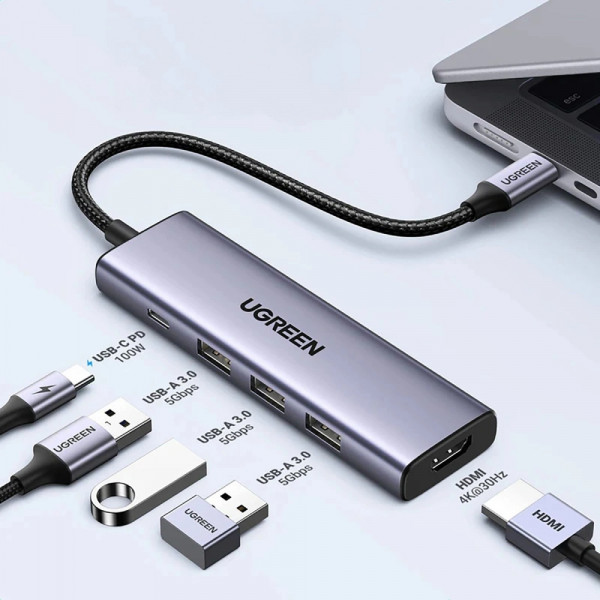 Док-станція USB3.0 Type-C -> HDMI 4K30Hz/3xUSB-А 3.0/Type-C/PD 100W 5-in-1 CM511 Ugreen