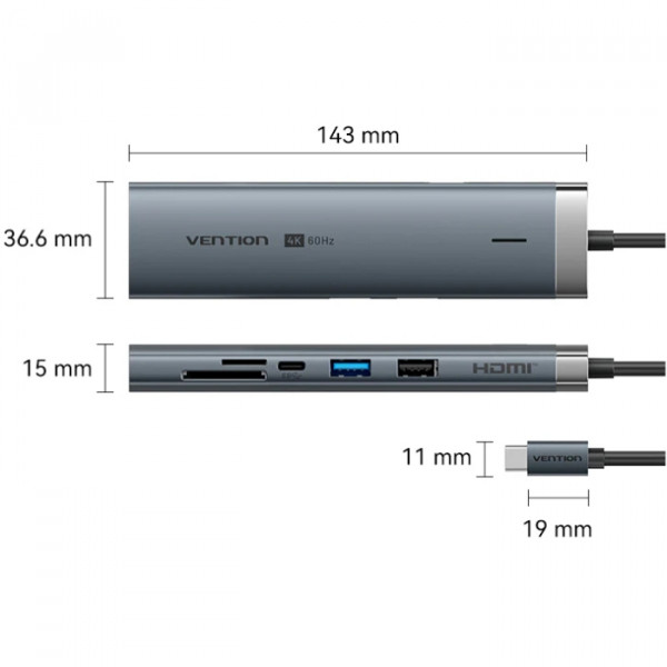 Док-станція USB3.2 Type-C -> HDMI 4K60Hz/USB 3.0x2/RJ45/SD/TF/3.5mm/PD 100W Hub 9-in-1 Vention
