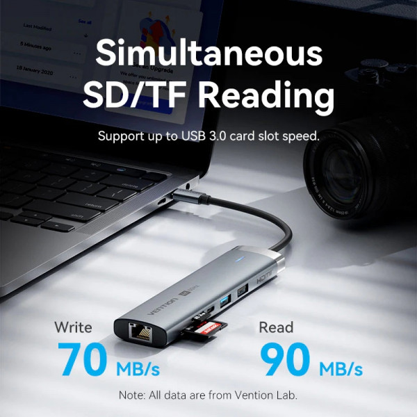 Док-станція USB3.2 Type-C -> HDMI 4K60Hz/USB 3.0x2/RJ45/SD/TF/3.5mm/PD 100W Hub 9-in-1 Vention