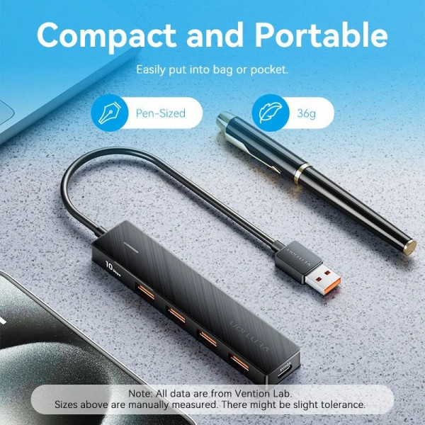 Хаб USB 3.0 -> 4xUSB 3.2 Gen2, 0.15м, USB-C 10Gbps 0.15m, чорний Vention
