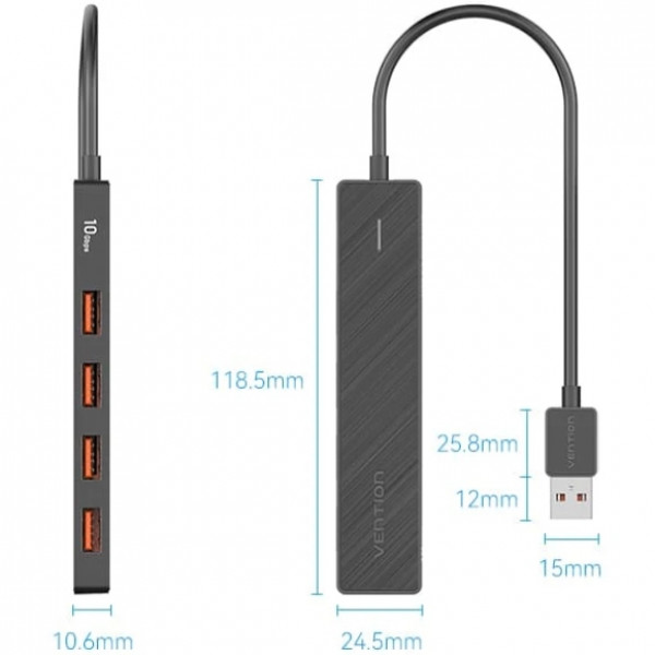 Хаб USB 3.0 -> 4xUSB 3.2 Gen2, 0.15м, USB-C 10Gbps 0.15m, чорний Vention
