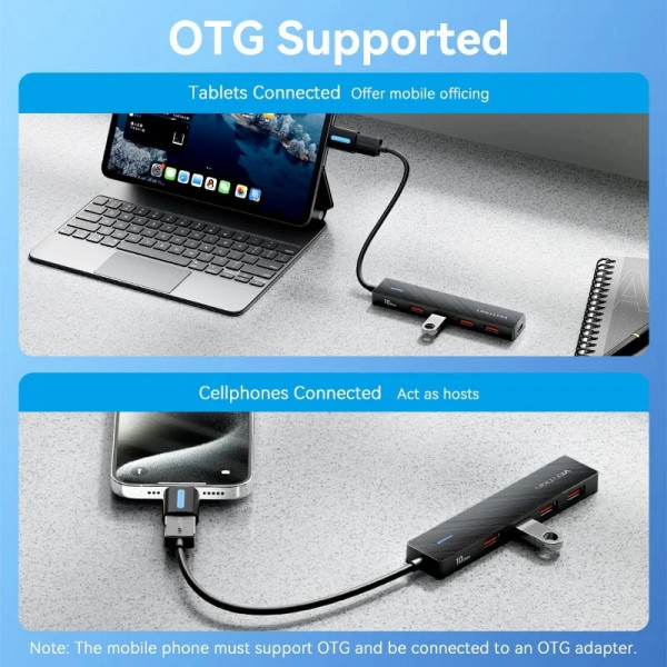 Хаб USB 3.0 -> 4xUSB 3.2 Gen2, 0.15м, USB-C 10Gbps 0.15m, чорний Vention