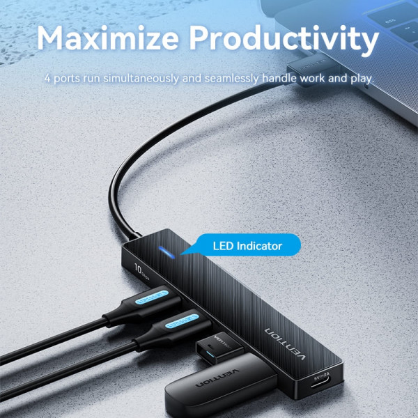 Хаб USB 3.0 -> 4xUSB 3.2 Gen2, 0.15м, USB-C 10Gbps 0.15m, чорний Vention