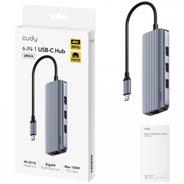 Хаб USB 3.0 Type-C -> 3хUSB-A, 1хUSB-C(5Гбіт/с), 1x4K@60Hz HDMI Port, 1xGig Ethernet port, алюмінієв