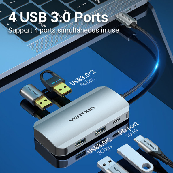 Хаб USB 3.1 Type-C -> 4хUSB 3.0/ Type-C PD 100W 5-in-1 Vention