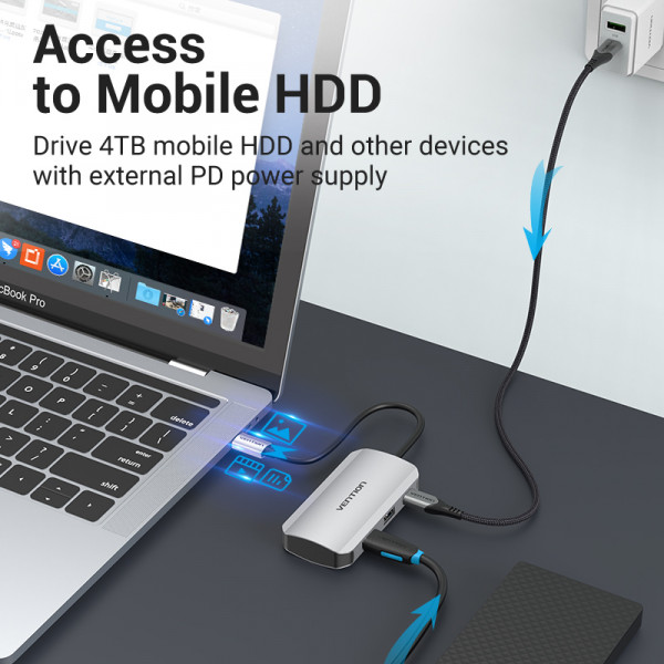 Хаб USB 3.1 Type-C -> 4хUSB 3.0/ Type-C PD 100W 5-in-1 Vention
