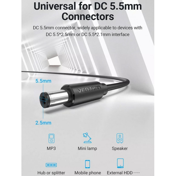 Кабель живлення USB AM - 5.5mm DC Power PVC 5V 3A, Black 0.5м Vention