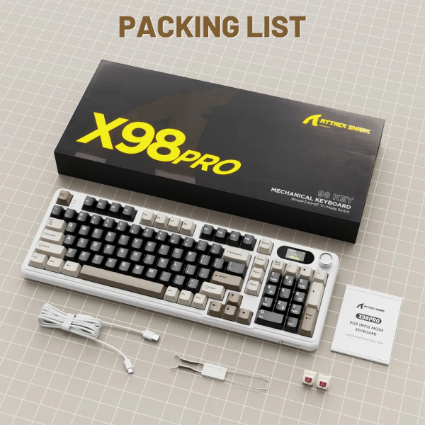 Клавіатура ігрова механічна Attack Shark X98 Pro 99кл. RGB, Wireless, TFT disp., Cheese white