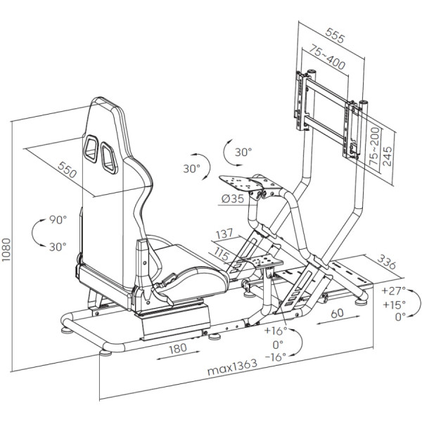 Крісло ігрове кокпіт GamePro із кріпленням для керма, монітора, педалей та коробки передач