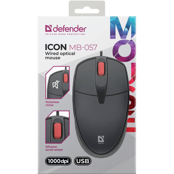 Мишка Defender Icon MB-057, 3кн.,1000 dpi, безшумна, чорна