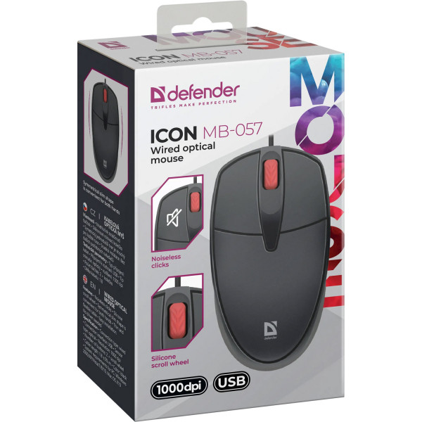 Мишка Defender Icon MB-057, 3кн.,1000 dpi, безшумна, чорна