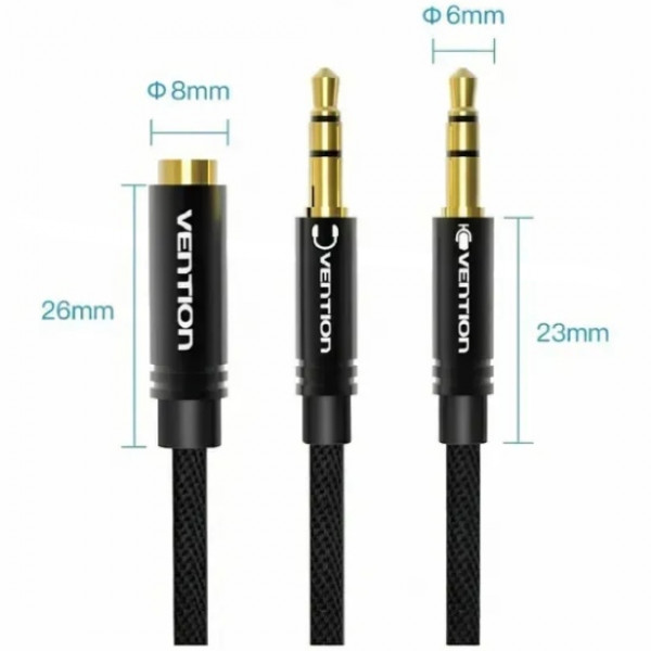 Перехідник Audio Jack TRS F -> 2xM, 1.0м, Cotton braided чорний Vention