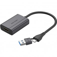 Перехідник HDMI F -> USB-C/USB-A M 0.15м Aluminium Alloy, сірий Vention