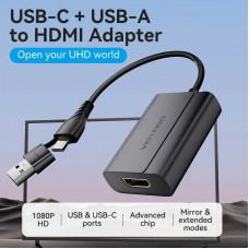 Перехідник HDMI F -> USB-C/USB-A M 0.15м Aluminium Alloy, сірий Vention