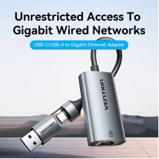 Перехідник USB 3.1 Type-C -> Ethernet RJ45 1000Mb +USB-A adapter сірий Aluminium Alloy Type Vention