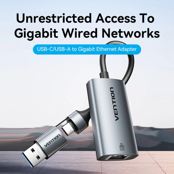 Перехідник USB 3.1 Type-C -> Ethernet RJ45 1000Mb +USB-A adapter сірий Aluminium Alloy Type Vention