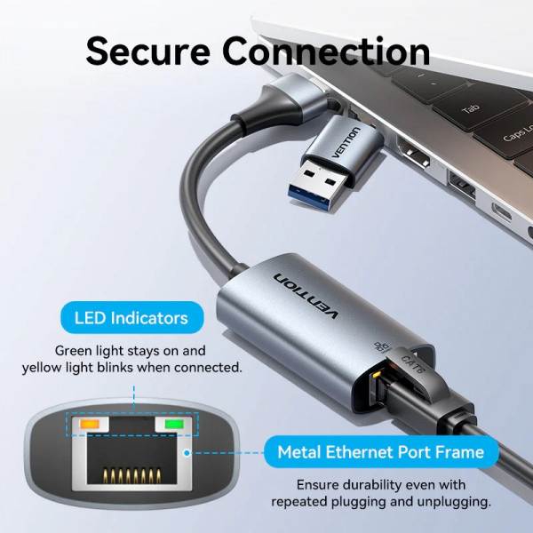 Перехідник USB 3.1 Type-C -> Ethernet RJ45 1000Mb +USB-A adapter сірий Aluminium Alloy Type Vention