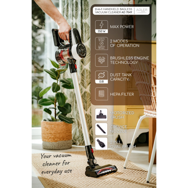 Порохотяг Adler AD 7048 бездротовий/ 350Вт/ 18 000 Pa/ 0,8л/ LED/ TURBO/ настінне кріплення