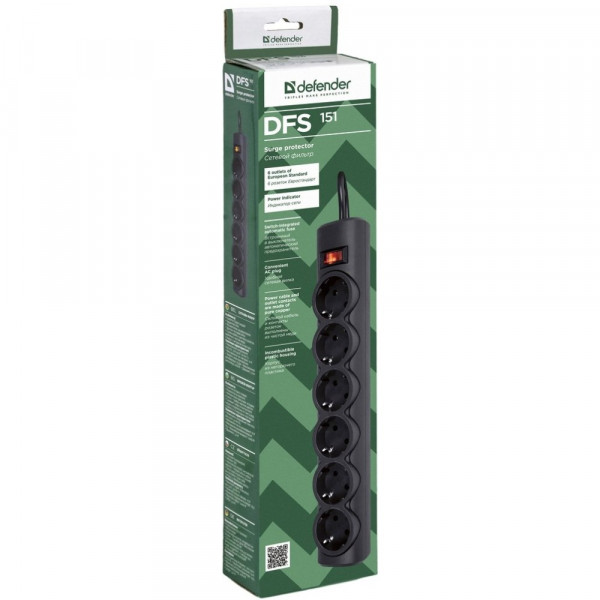 Power filtr 1,8м Defender DFS 151, чорний, 6 розеток, з вимикачем