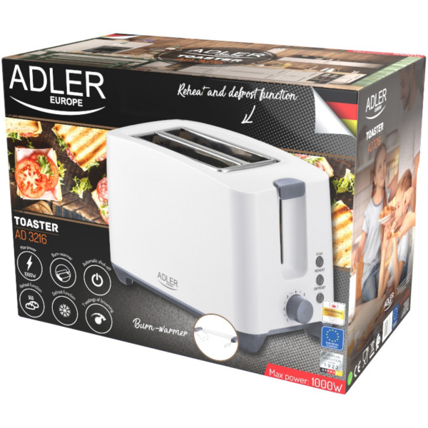 Тостер Adler AD 3216 white 1000Вт/2 відділення/7 режимів підсмажування/розморожування/підігрів булок