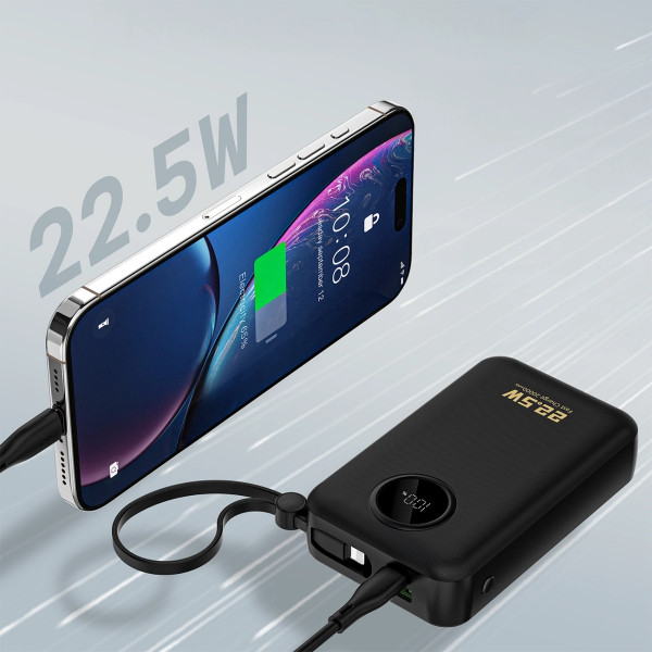 УМБ Dudao 20000mAh K14+ 22,5W PD,QC USB-A,USB-C In/Out,with built-in USB-C/Lightning cables Black