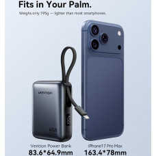 УМБ Vention 10000mAh 45W PD, QC3.0 USB-C In/Out, with Built-in USB-C and Lightning Cables Gray