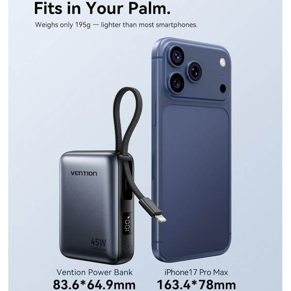 УМБ Vention 10000mAh 45W PD, QC3.0 USB-C In/Out, with Built-in USB-C and Lightning Cables Gray