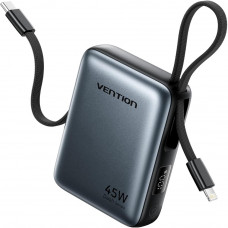 УМБ Vention 10000mAh 45W PD, QC3.0 USB-C In/Out, with Built-in USB-C and Lightning Cables Gray