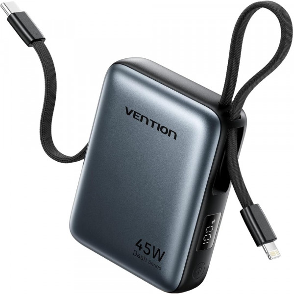 УМБ Vention 10000mAh 45W PD, QC3.0 USB-C In/Out, with Built-in USB-C and Lightning Cables Gray