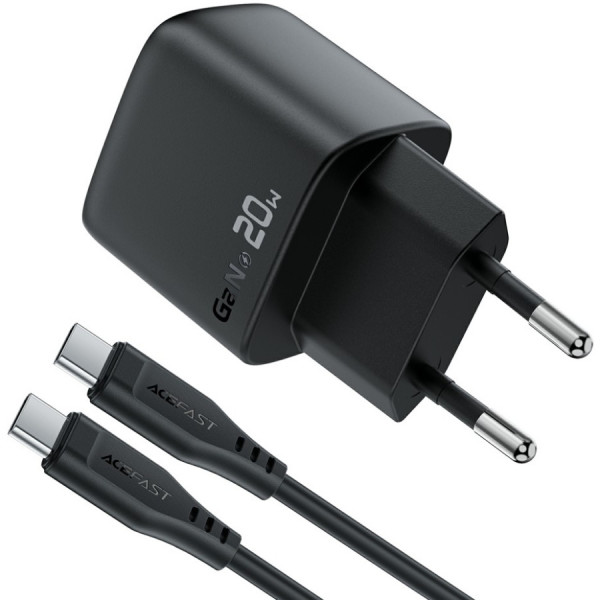Зарядний пристрій 1xUSB-C 20W Gan A113 Fast Charger + USB-C cable with digital display black Acefast