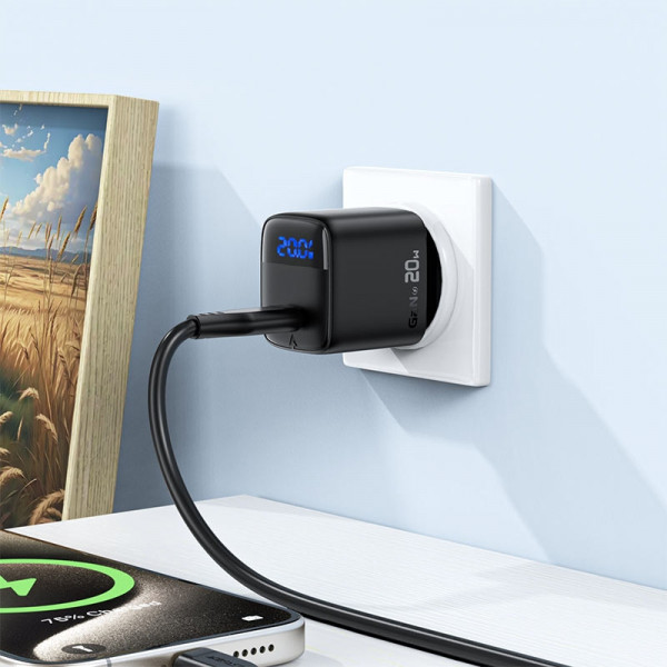 Зарядний пристрій 1xUSB-C 20W Gan A113 Fast Charger + USB-C cable with digital display black Acefast