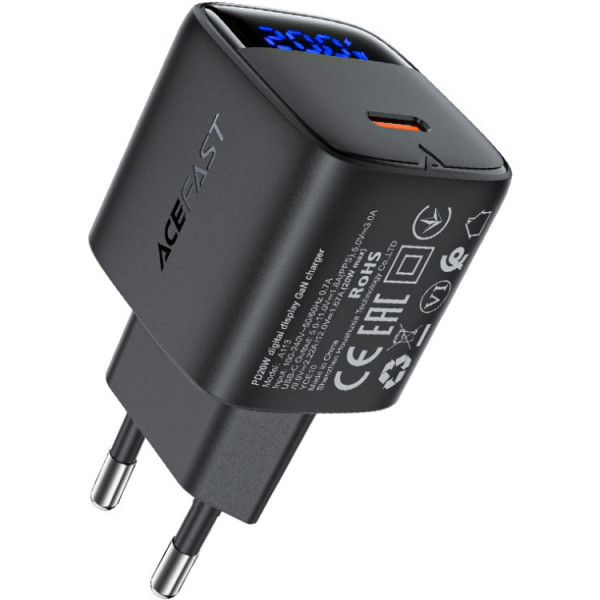 Зарядний пристрій 1xUSB-C 20W Gan A113 Fast Charger + USB-C cable with digital display black Acefast