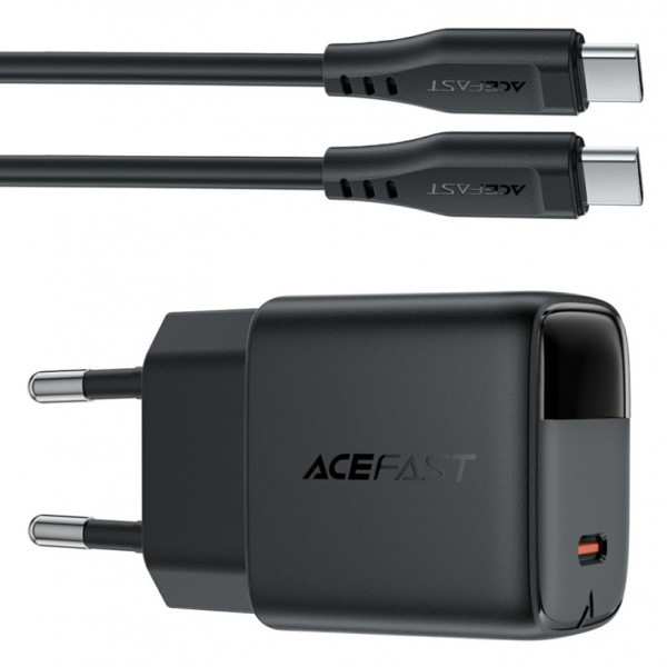 Зарядний пристрій 1xUSB-C 20W Gan A113 Fast Charger + USB-C cable with digital display black Acefast