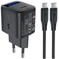 Зарядний пристрій 1xUSB-C 20W Gan A113 Fast Charger + USB-C cable with digital display black Acefast