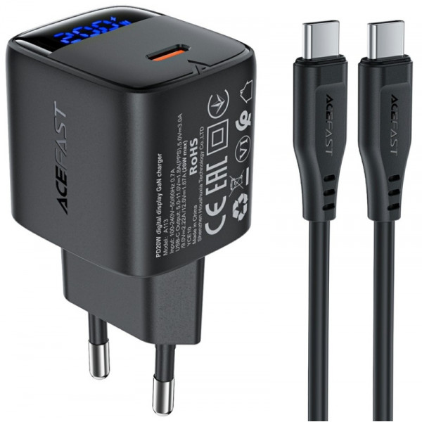 Зарядний пристрій 1xUSB-C 20W Gan A113 Fast Charger + USB-C cable with digital display black Acefast