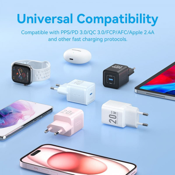 Зарядний пристрій 1xUSB-C 20W GaN + USB-C cable М-М White Vention