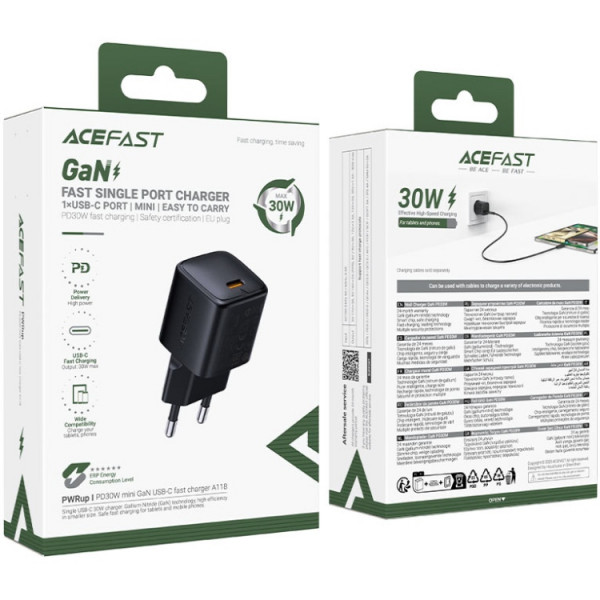 Зарядний пристрій 1xUSB-C 30W Gan A118 Fast Charger + USB-C cable black Acefast