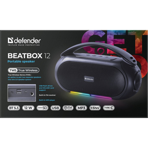 Акустична система 1.0 Defender Beatbox 12, 12Вт, Bluetooth/RGB/FM/USB/TF/MIC/ чорна