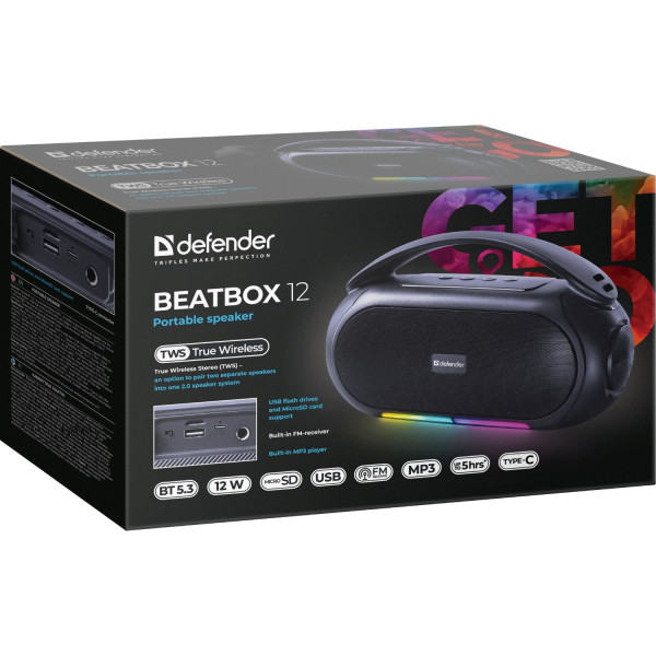 Акустична система 1.0 Defender Beatbox 12, 12Вт, Bluetooth/RGB/FM/USB/TF/MIC/ чорна