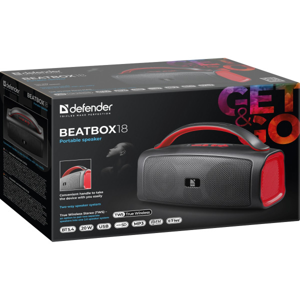 Акустична система 1.0 Defender Beatbox 18 20Вт Bluetooth//FM/USB/TF/TWS/1500мАч чорна
