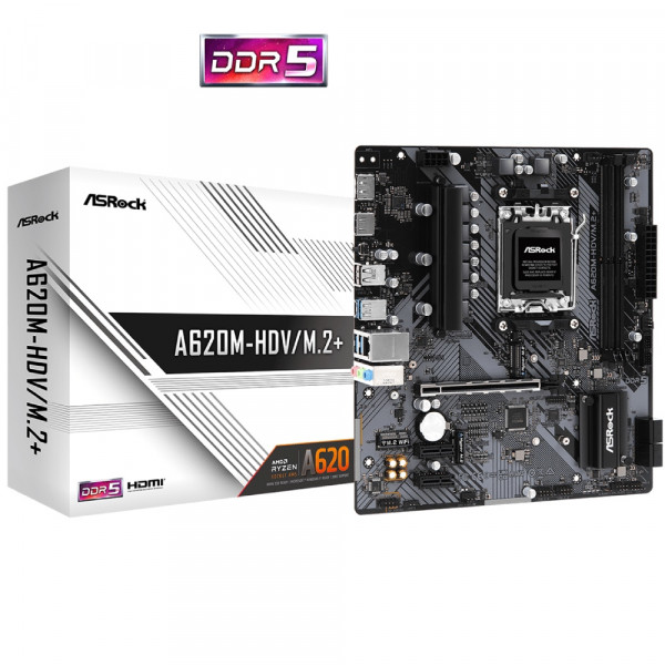 ASRock A620M-HDV/M.2+ (AM5/A620, 2*DDR5, PCIex16, DP/HDMI, 2xSATAІІІ, 2xM.2, GLan, 8ch, mATX)
