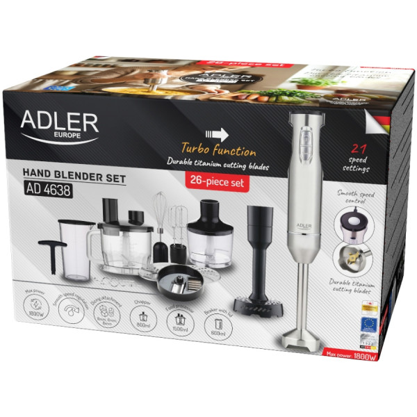Блендер Adler AD 4638 grey ручний/ 1800Вт/ 21 швидк./ TURBO/ чаші 600мл і 1500мл/ насадка для пюре