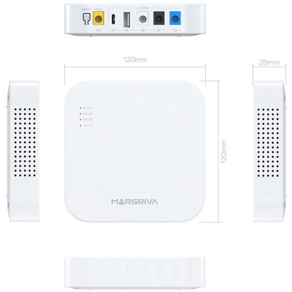ДБЖ Marsriva DC UPS для роутерів KP4 3xDC+USB+USB-C OUT, 5V/9V/12V 18W 10000 mAh (36Wh) Li-Ion