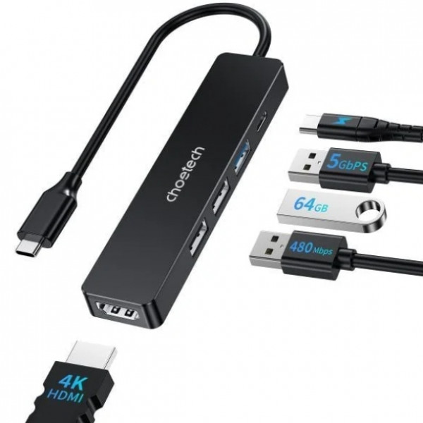 Док-станція USB3.0 Type-C -> HDMI 4K30Hz/USB2.0x2/USB 3.0/USB-C PD 100W 5 in 1 Hub Choetech