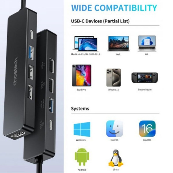 Док-станція USB3.0 Type-C -> HDMI 4K30Hz/USB2.0x2/USB 3.0/USB-C PD 100W 5 in 1 Hub Choetech