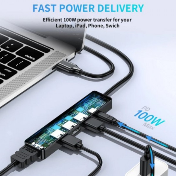 Док-станція USB3.0 Type-C -> HDMI 4K30Hz/USB2.0x2/USB 3.0/USB-C PD 100W 5 in 1 Hub Choetech