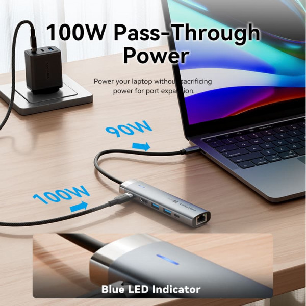 Док-станція USB3.2 Type-C -> HDMI 4K60Hz/USB 3.0x2/RJ45/PD 100W Hub 6-in-1 Vention
