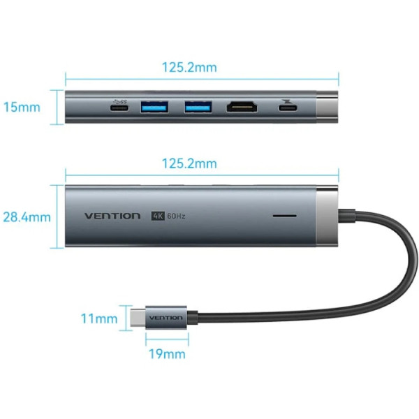 Док-станція USB3.2 Type-C -> HDMI 4K60Hz/USB 3.0x2/RJ45/PD 100W Hub 6-in-1 Vention